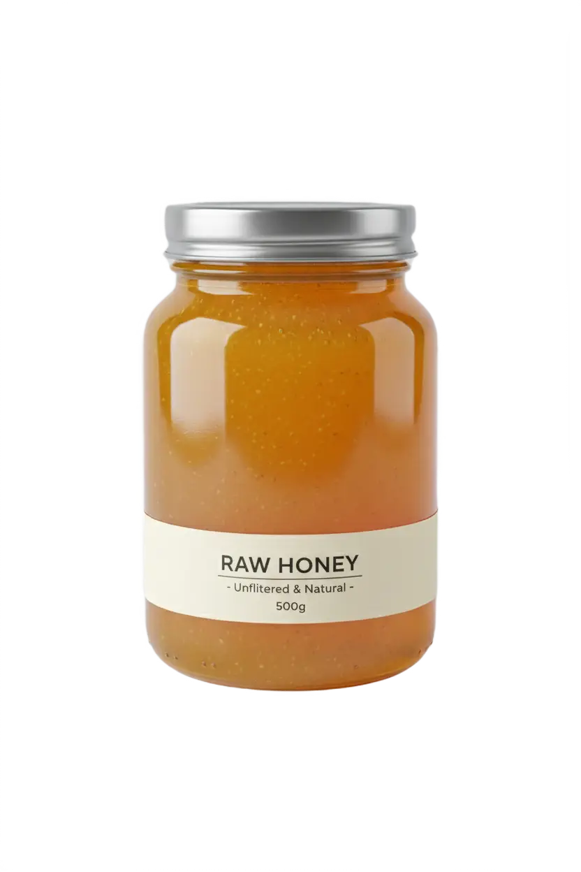 Jar of raw wildflower honey with honey dipper
